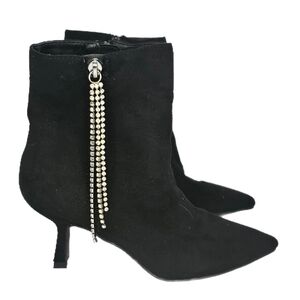 OPEN EDIT Talulla Pointed Toe Bootie Black Rhinestone Tassel Kitten Heel Womens